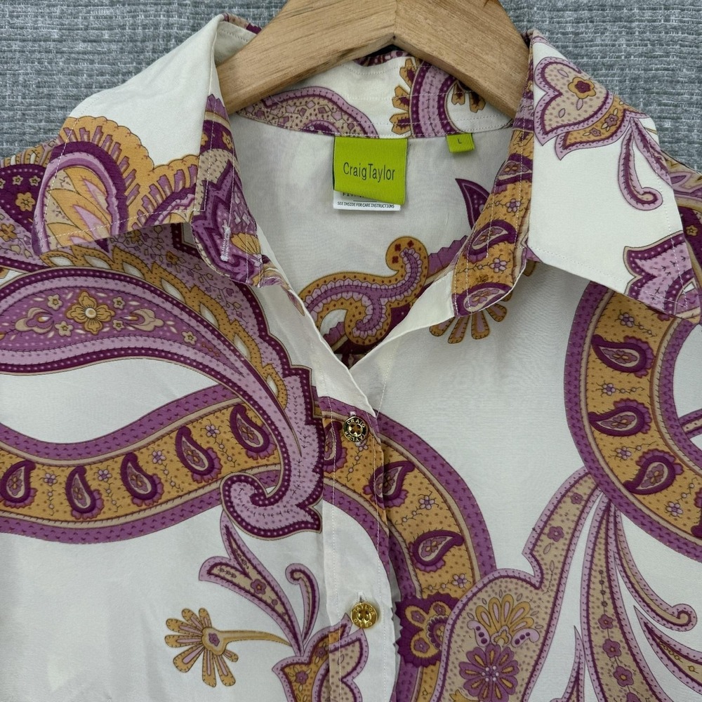 Craig Taylor Button-Up Shirt Womens L White Paisley Silk Long Sleeve Fairy - Picture 8 of 13